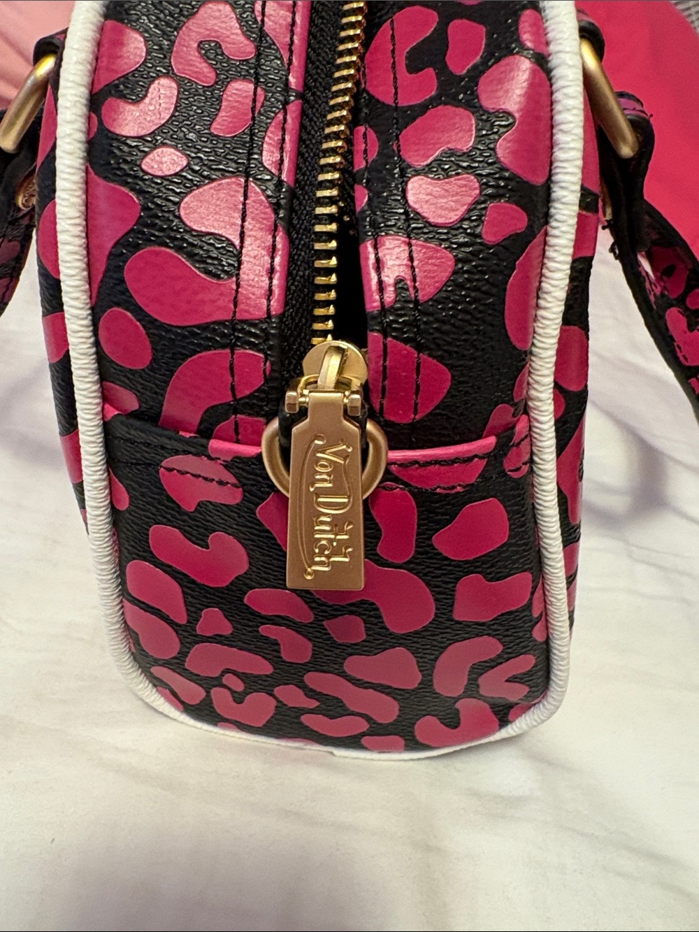 Von Dutch Black and Hot Pink Leopard Bowling Bag - Picture 4 of 12